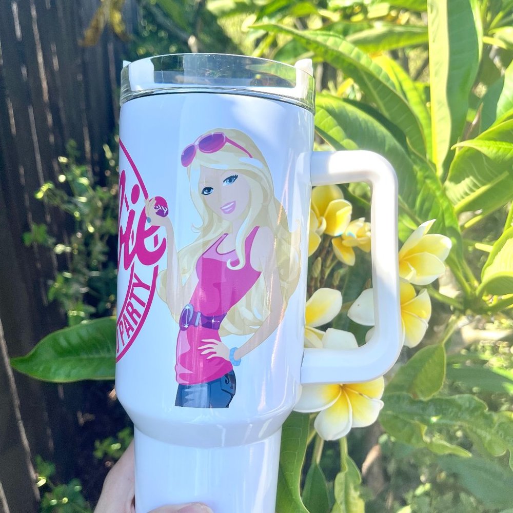 Barbie Girl LETS GO PARTY Movie Pink Tumbler 40 oz tumbler with hand carry handl